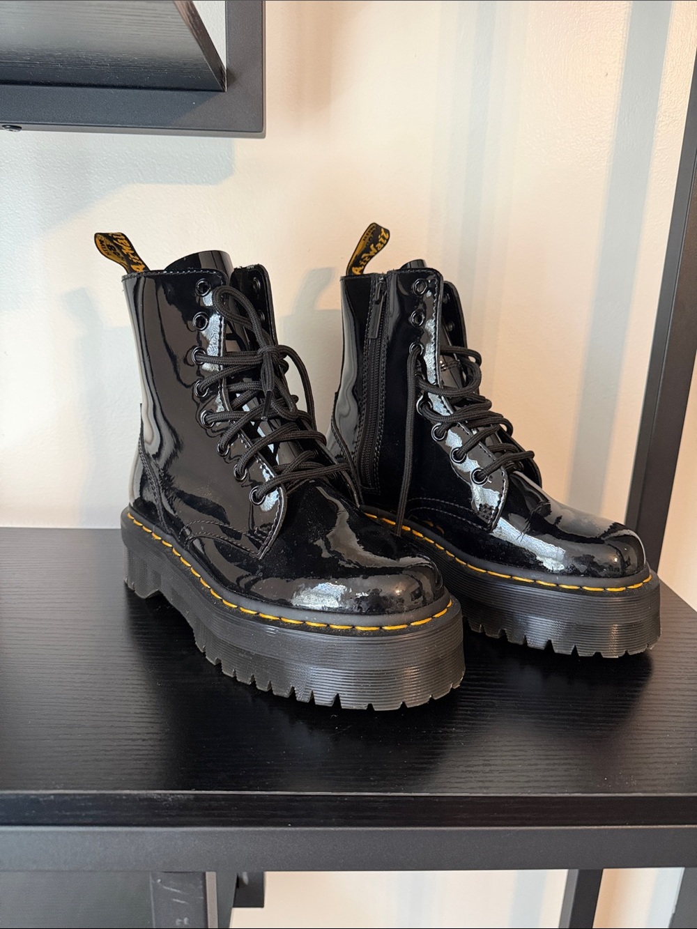 Dr. Martens Black Patent Combat Boots with Yellow Stitching